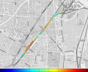 Darstellung der Messergebnisse einer Rollegeräuschmessung (CPX-Messung) in einer GPS-referenzierten Karte