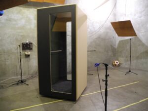 Measurement of sound absorbing and sound insulating properties of closed cabins and partially open noise-reducing furniture ensembles by means of artificial mouth noise source