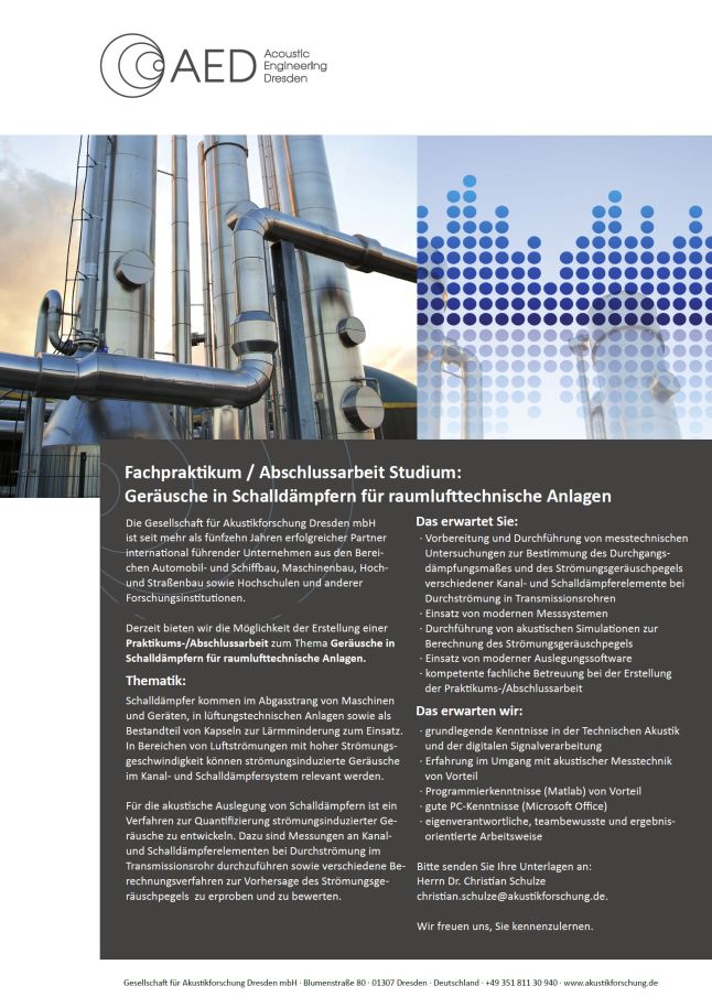 mandatory internship / bachelor's thesis / master's thesis / diploma's degree with the topic noise inmufflers for air-conditioning plants